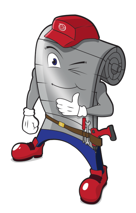 Mascotte du Rideau Métallique : un rideau avec une casquette qui fait un clin d'oeil